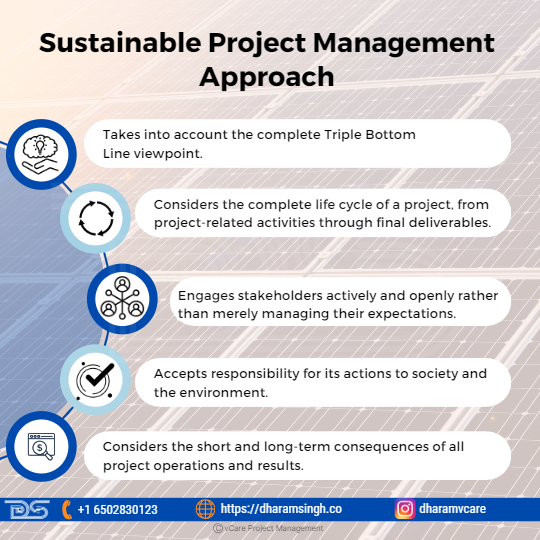 Sustainable project management embraces the Triple Bottom Line, considering a project's full life cycle, actively engaging stakeholders, and taking responsibility for societal and environmental impacts. It evaluates both short and long-term consequences of all project activities and outcomes.