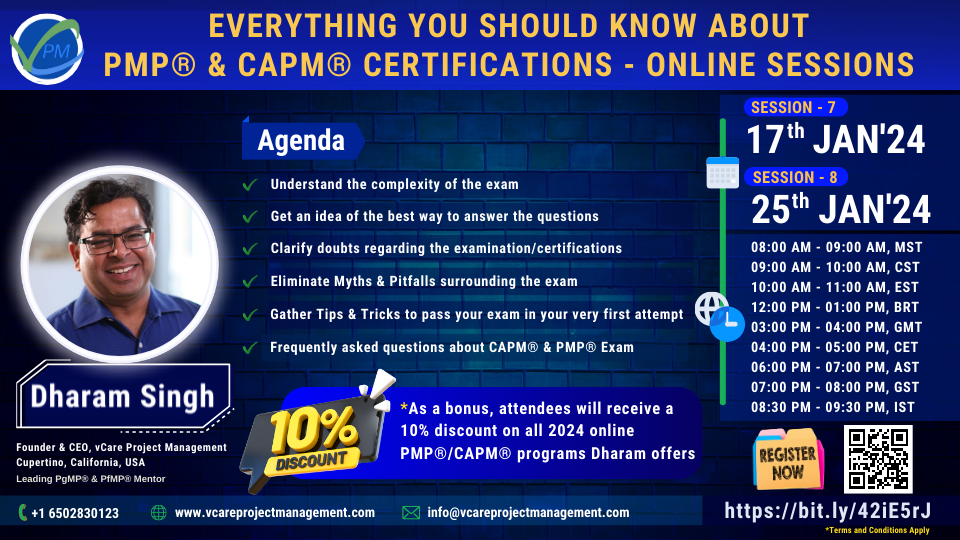 Join Dharam Singh, a seasoned project management expert, in a free webinar exploring the importance of PMI's PMP and CAPM certifications. Gain insights into the certification process, practice exam questions, and a live Q&A session. Perfect for aspiring project managers and experienced professionals, this session offers tools to elevate your career.