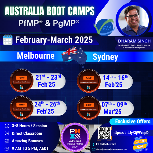 Join PfMP and PgMP certification bootcamps in Melbourne and Sydney Australia in February and March 2025 to advance your project management career