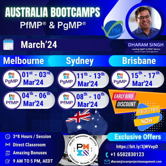 Join exclusive PgMP & PfMP boot camps in Australia this March 2024, designed for senior project, program, and portfolio managers. Enhance your skills, earn certifications, and enjoy special discounts for PMI Chapter members in Melbourne, Sydney, and Queensland. Don’t miss this transformative professional opportunity!