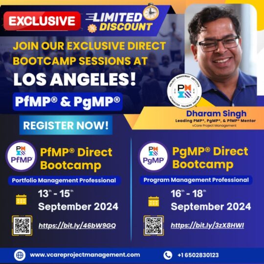 Exclusive PfMP & PgMP Bootcamps in Los Angeles before PMI Global Summit 2024—Train with Dharam Singh.