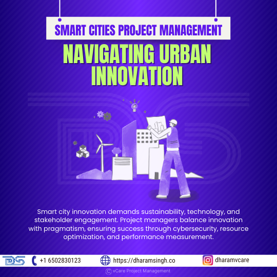 Illustration of a project manager strategizing urban innovation, surrounded by smart city elements like wind turbines, buildings, and technology icons.