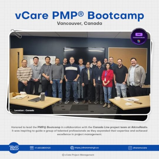 vCare PMP Bootcamp collaboration with Canada Line Project Team at AtkinsRéalis for expert-led project management training.