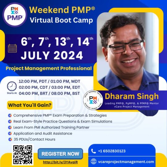 PMP Certification Virtual Boot Camp promotional banner featuring key training details and benefits.