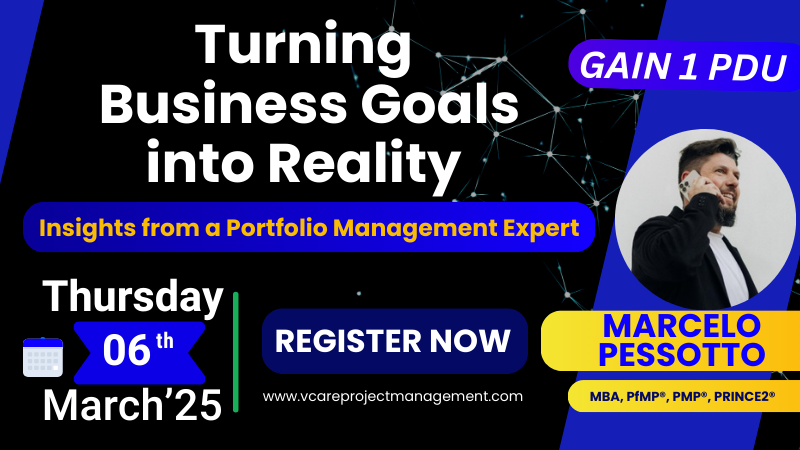 Promotional banner for the exclusive portfolio management webinar with Marcelo Pessotto, featuring key takeaways on strategy execution, stakeholder engagement, and business transformation.