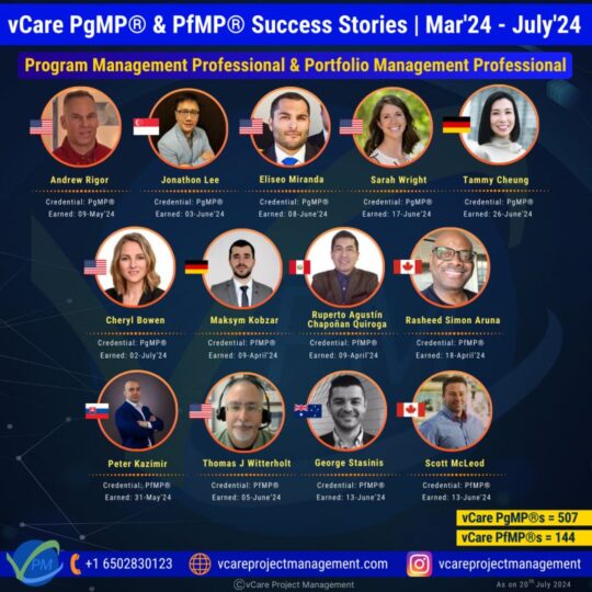 Group of project management professionals celebrating their PgMP & PfMP certification success with vCare Project Management.