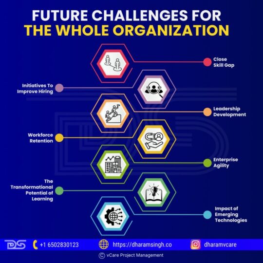 A breakdown of future organizational challenges, including leadership development, workforce agility, and technology impact.