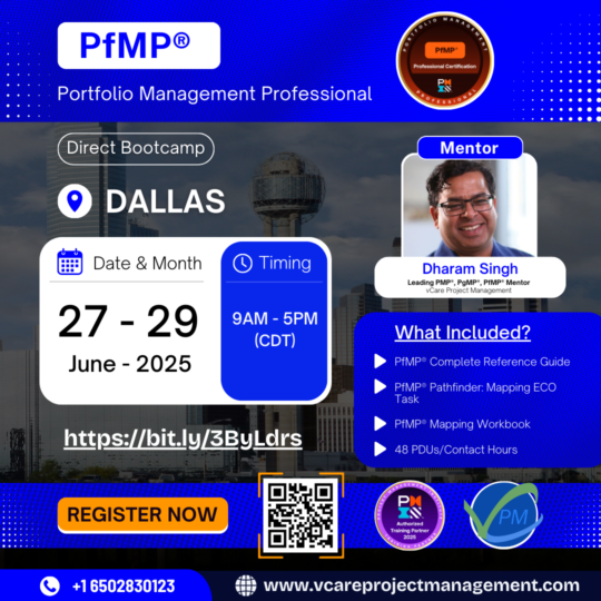 PfMP Bootcamp 2025 poster showing location, dates, and key takeaways for portfolio management professionals in Dallas.