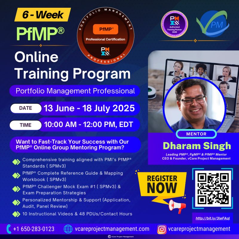 PfMP Online Mentoring Program 2025 flyer highlighting session dates, mentor Dharam Singh, and certification benefits.