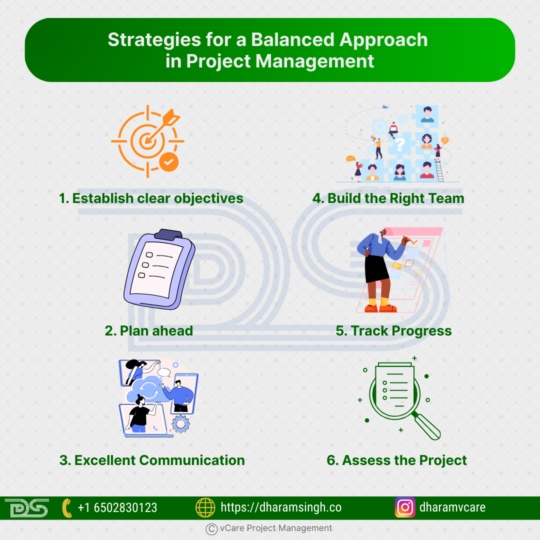 Balanced project management strategy integrating team wellbeing, planning, communication, and evaluation