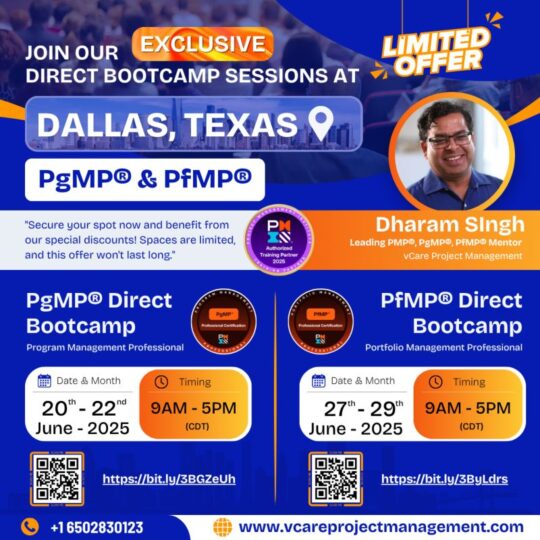 PgMP and PfMP In-Person Bootcamp Poster – Dallas, June 2025 with Mentor Dharam Singh