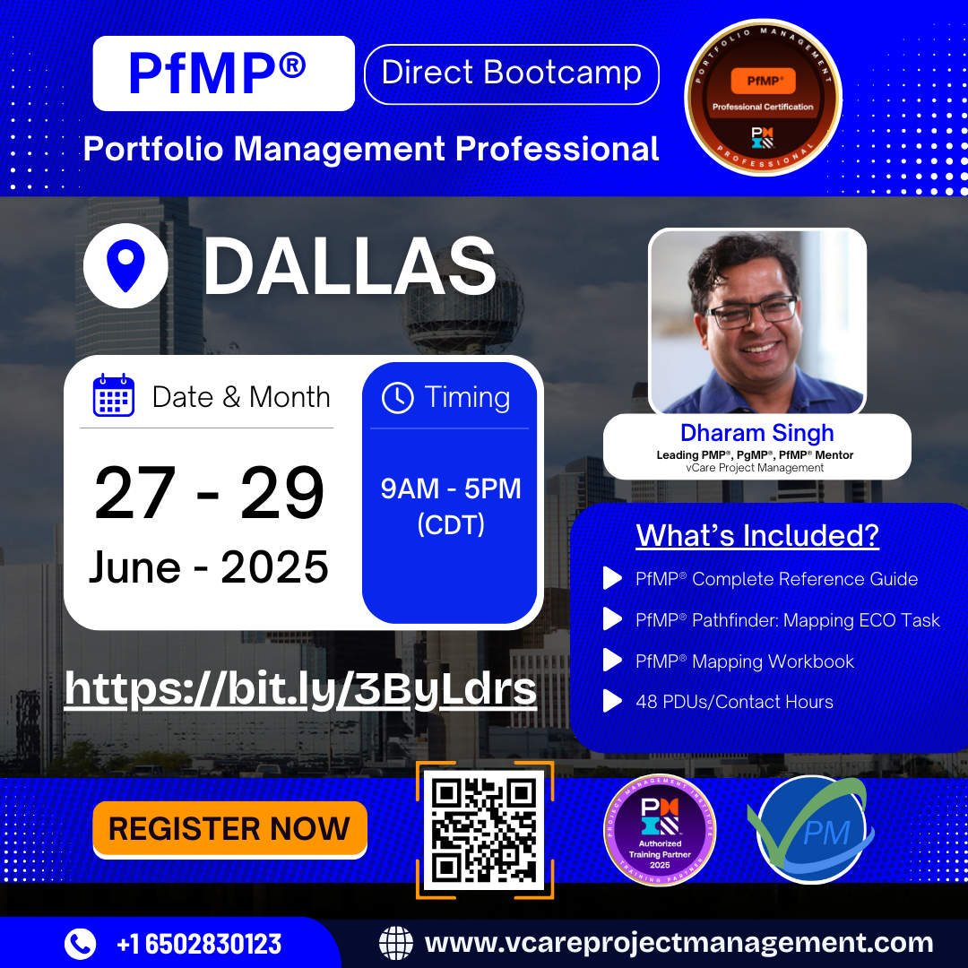 Dharam Singh leading the PfMP Direct Bootcamp in Dallas from June 27–29, 2025