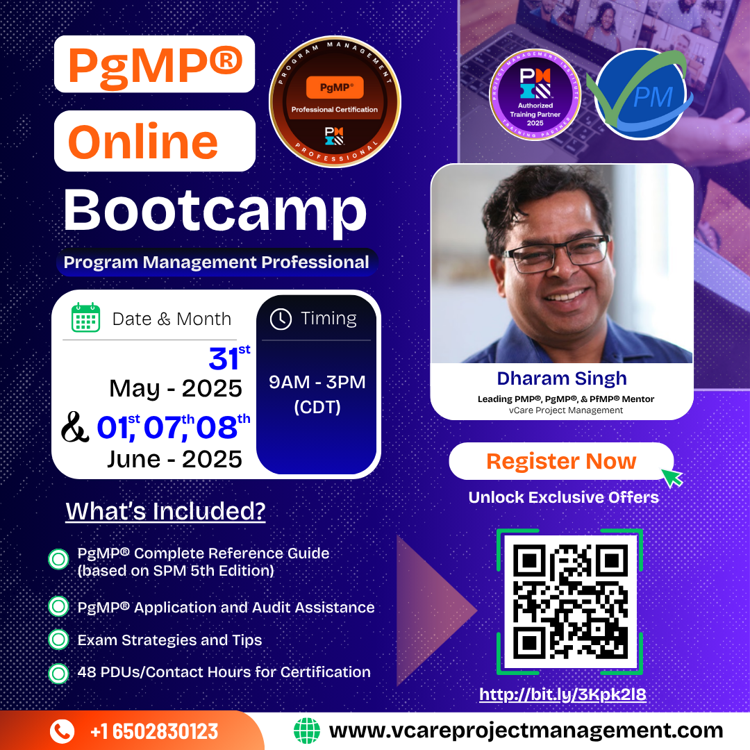 Dharam Singh invites professionals to join the May 2025 PgMP Online Bootcamp for certification success